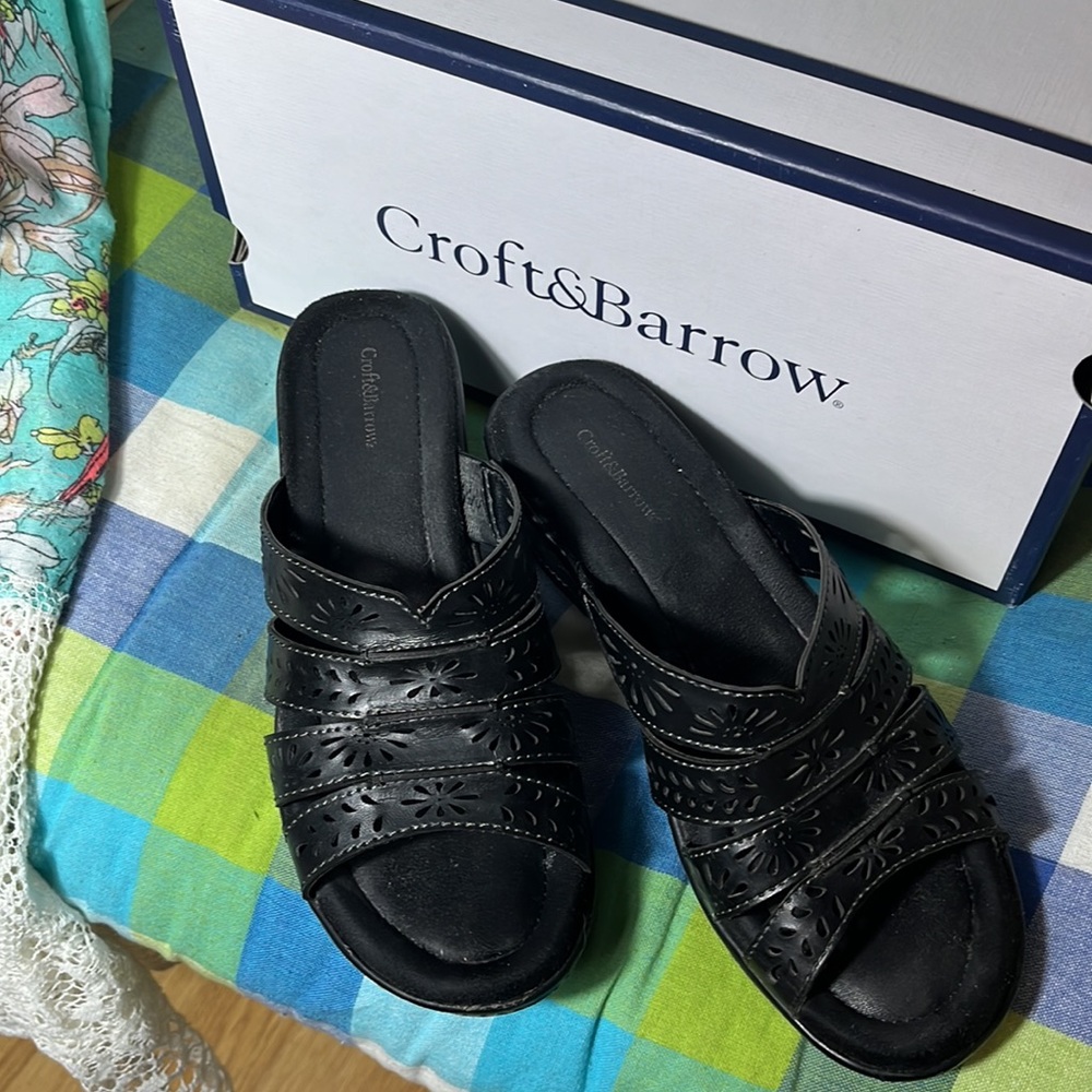 Croft&Barrow Slide In Shoes. Size 6.  Black floral cutout uppers. 2” heel.